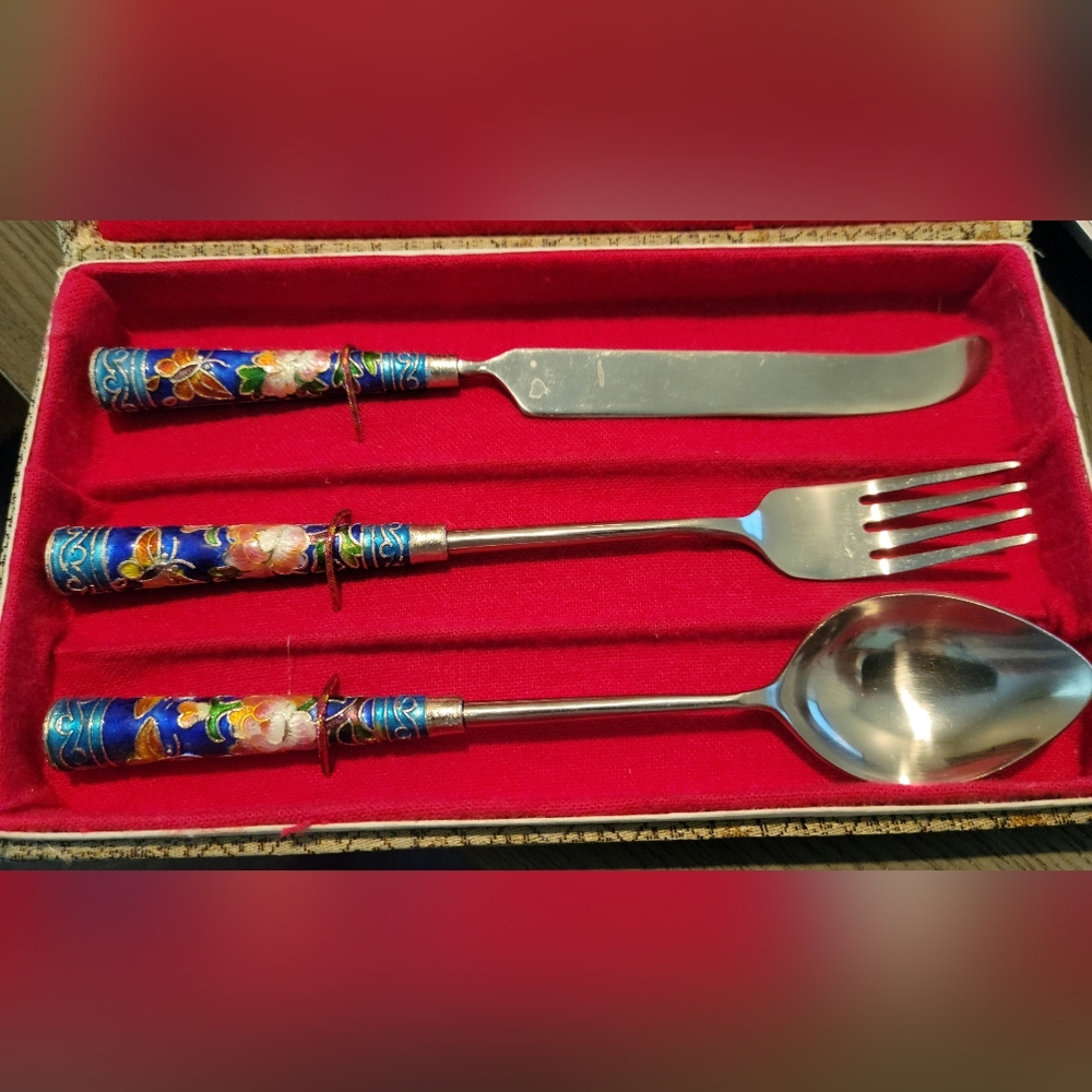 Chinese Cloisonne Utensil Set. Fork Knife & Spoon. Hand Painted Enamel Floral